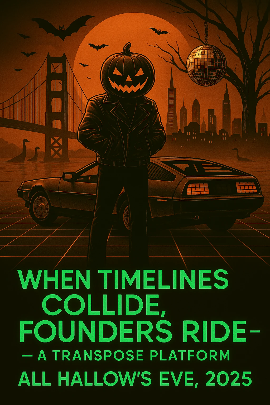 Add the words below the DeLorean, make the words neon retro green, When Timelines collide, Founders ride — a Transpose Platform All Hallows’ Eve, 2025.  emoji