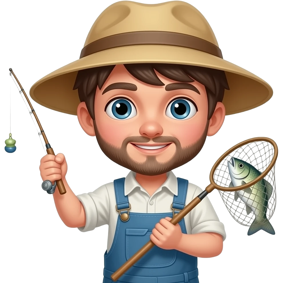 young boy with beard wear fisher clothes and holding fisher net front view emoji