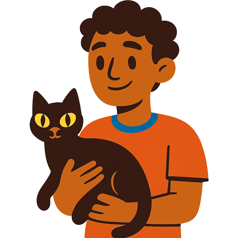young male with brown light skin, slightly curly hair, holding a black cat emoji