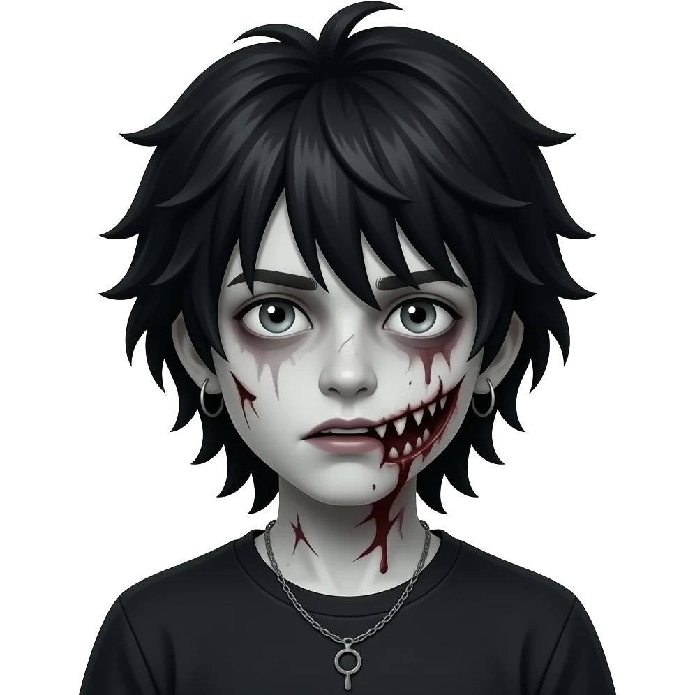 Boy, zombie, black hair, medium long, emo, shaggy, dark, spooky, creepy, pale skin emoji