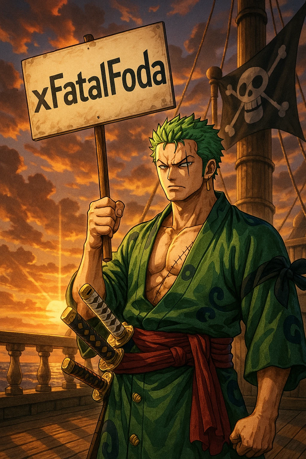 Zoro from One Piece holding a protest sign with ‘xFatalFoda’, on a pirate ship deck at sunset, dramatic anime lighting, Wano arc style, highly detailed emoji