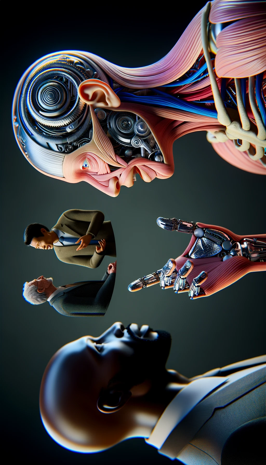 corpo umano anatomico che parla ma sopra di lui c'è il muto, un altra persona lo ascolta, immagine iperrealistica 4k emoji