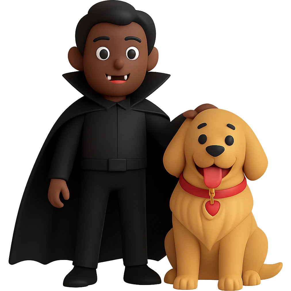 Change the vampire to have brown skin and dress all in black, keep the vampire on the left and the happy golden retriever on the right, preserve the 3D emoji style, keep the background transparent. The style to emulate is 3D emoji style with transparent background. emoji