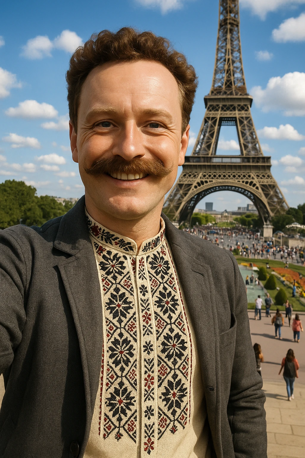 takes a selfie in front of the Eiffel Tower emoji