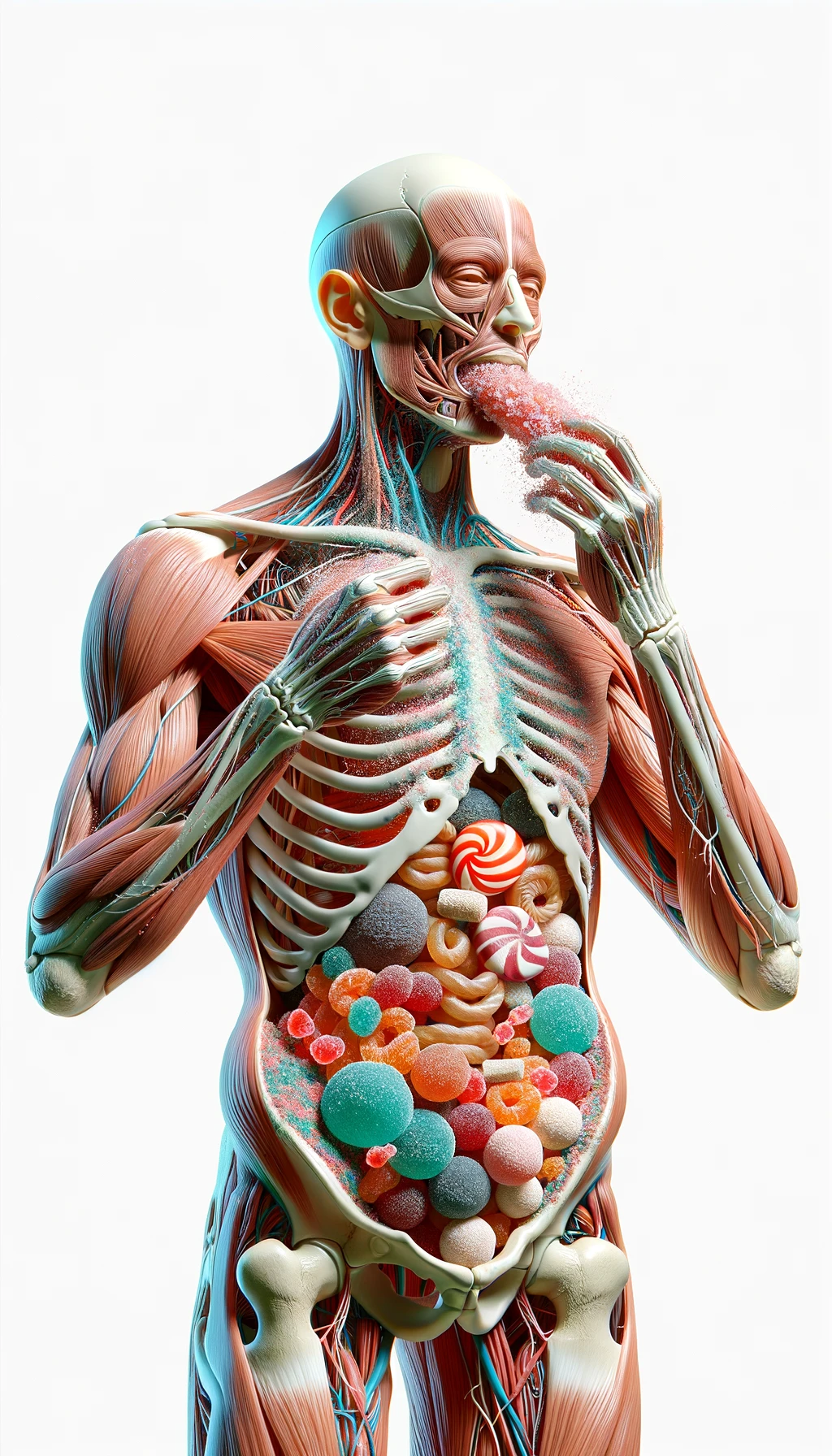corpo umano anatomico in piedi a figura intera che si abbuffa di dolci e zuccheri, iperrealistico 4k, isolato su sfondo bianco emoji
