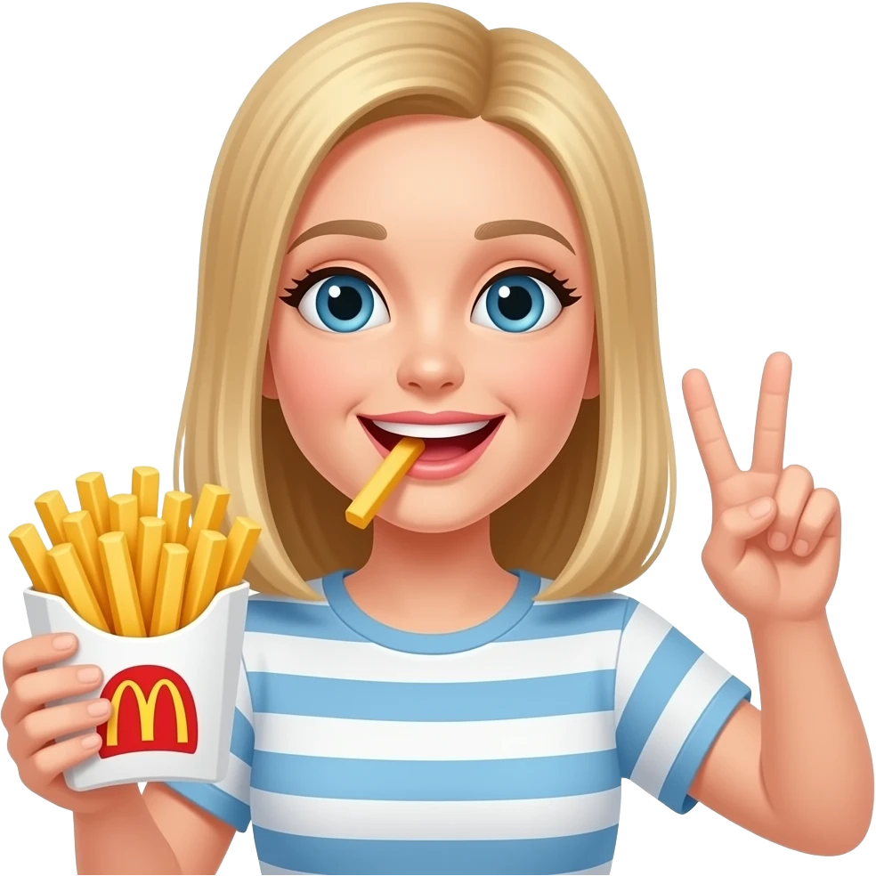 Blonde lady straight hair holding french fries throwing up peace with innocent smile emoji