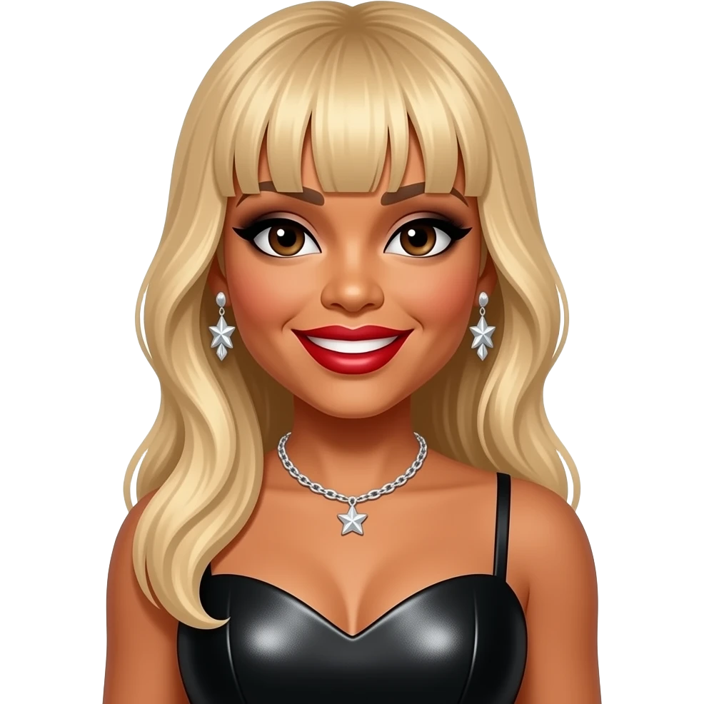 Tamar Braxton from The Braxtons with dark brown eyes, long blonde bang hair, black eyeshadow, red lipstick, black metallic sweetheart dress, necklace and earrings emoji