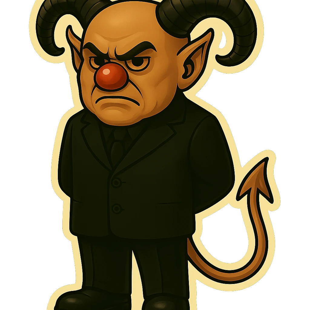 Evil clown wizard in retro sticker style, transparent background, wearing an all black suit with no pentagrams, using the face, horns, and tail from the reference image. He has a frown and never smiles. Pose: arms folded behind back, stern expression, clean modern sticker look. emoji