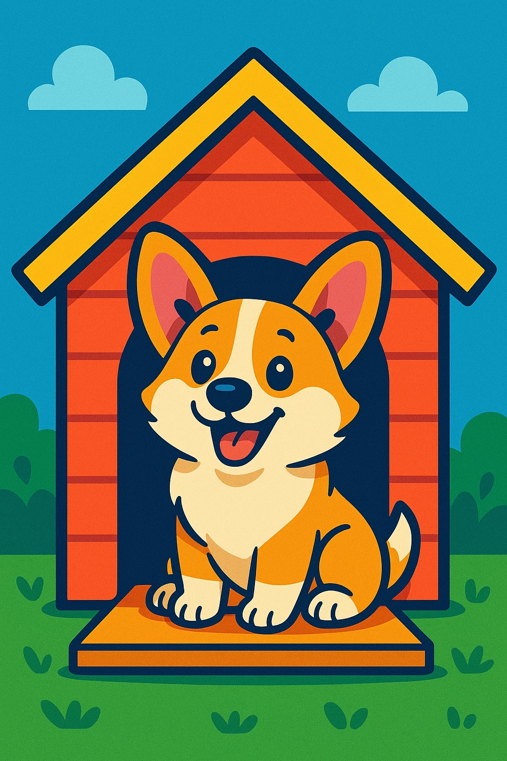a cute, playful corgi sitting inside a dog house, vibrant toon style, cartoonish, colorful emoji