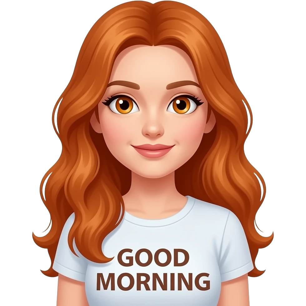 sexy girl with long ginger hair and ginger eyes a top with GOOD MORNING written on it emoji