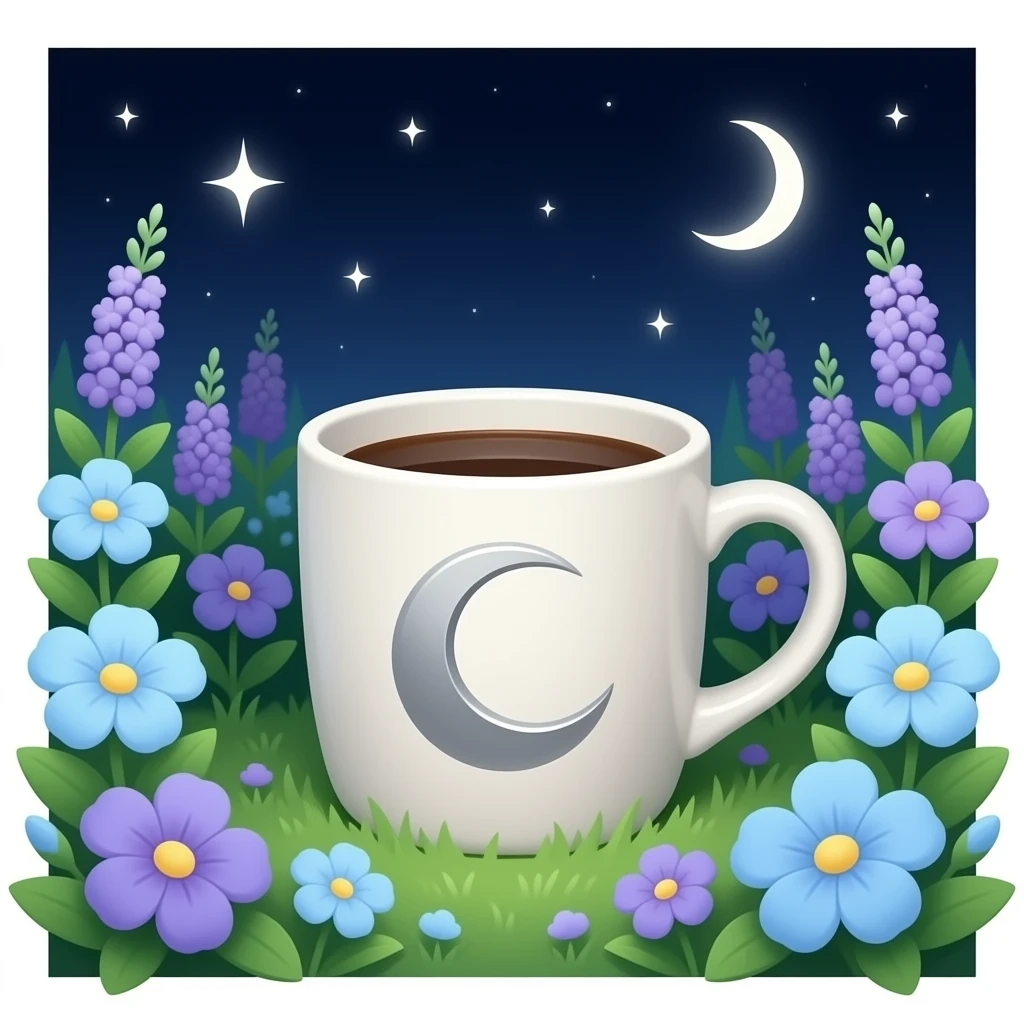 Coffee cup with a moon symbol on the cup in a garden of light blue and purple flowers emoji