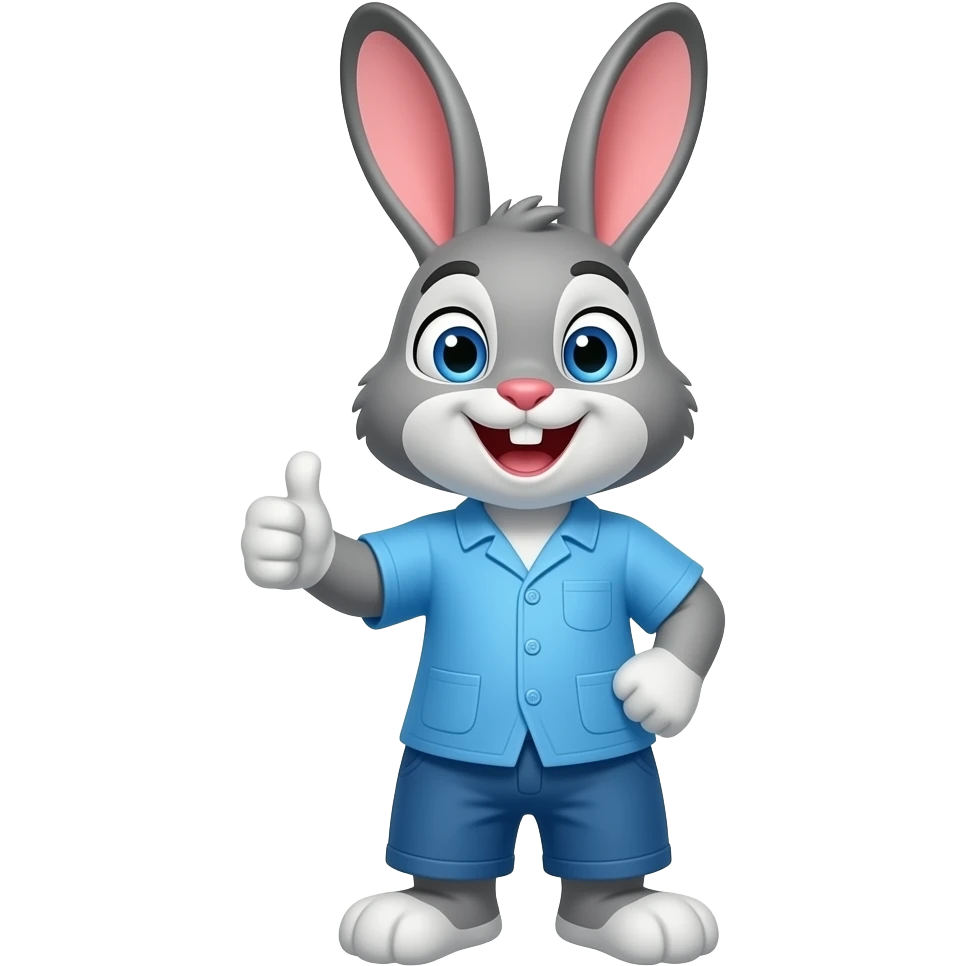 A bunny wearing spiritual clothes color blue face looi=king excited and happy showing thumbs up emoji