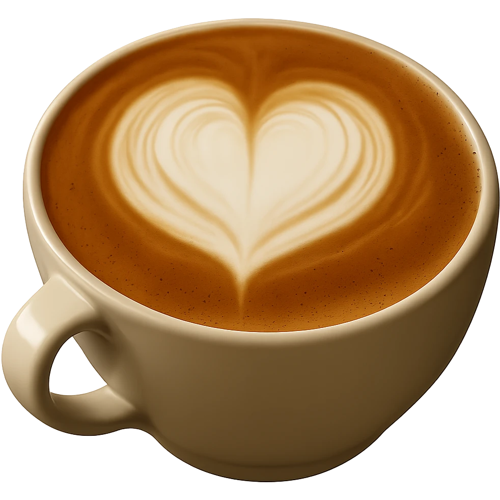 Add a heart-shaped latte art design on top of the latte, keeping realistic texture and gentle lighting. The image should have no background. Maintain a photorealistic style for the latte art and overall appearance. emoji