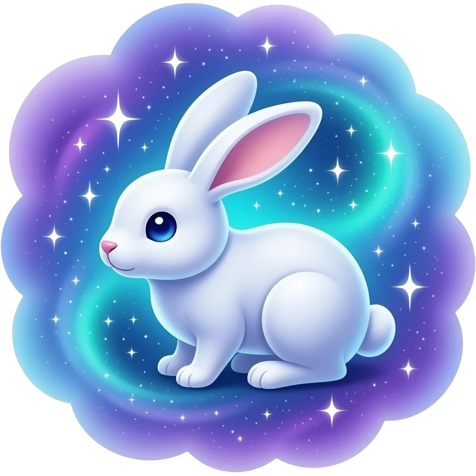 Celestial bunny, nebulae purple-blue-cyan-green-gradient shimmering shiny galactical starry sparkling, full body emoji