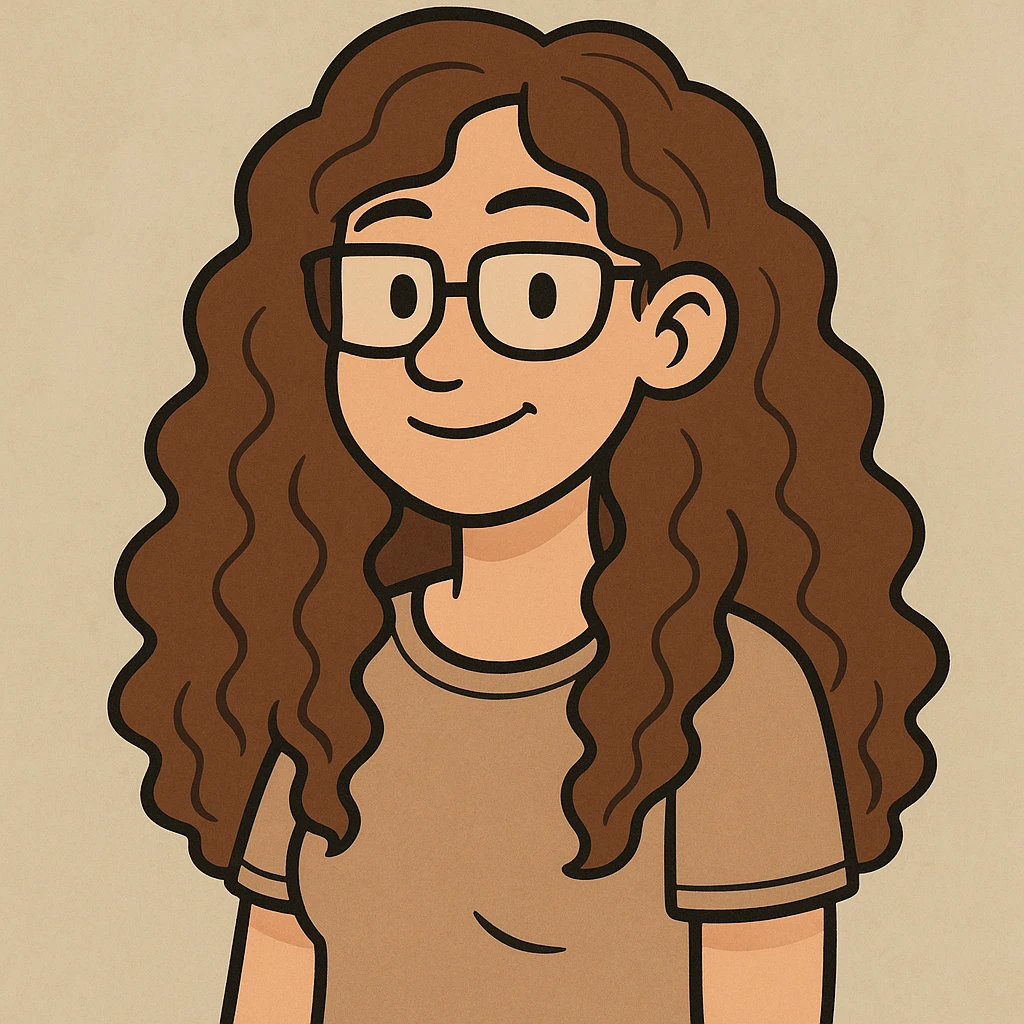 woman with long curly brown hair and eyeglasses, cartoon style emoji