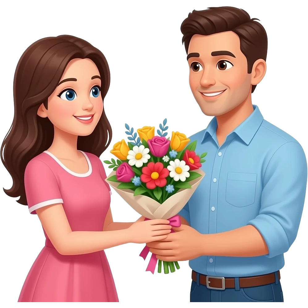 man giving bouquet of flowers to woman emoji