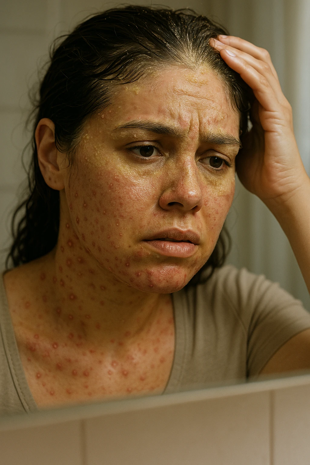 A highly realistic, cinematic close-up portrait of a young woman in her late 20s with medium skin tone, displaying visible folliculitis and seborrheic dermatitis. Small, red, inflamed follicular papules and pustules are scattered along her hairline, jawline, and upper neck, indicating folliculitis. Her scalp and areas around the nose and eyebrows show flaky, greasy yellowish scales, with redness and irritation, indicating seborrheic dermatitis. Her hair appears slightly greasy and clumps near the scalp, emphasizing excess sebum production. She gently touches her irritated scalp with concern while looking at herself in a softly lit bathroom mirror, expressing discomfort and frustration. The environment is neutral and clean, with daylight softly illuminating the scene to highlight the skin and scalp texture. The style is 35mm hyperrealistic, with warm neutral tones and shallow depth of field to maintain focus on her skin, inflammation, and emotional expression, visually explaining the physical discomfort and aesthetic concerns of living with folliculitis and seborrheic dermatitis emoji