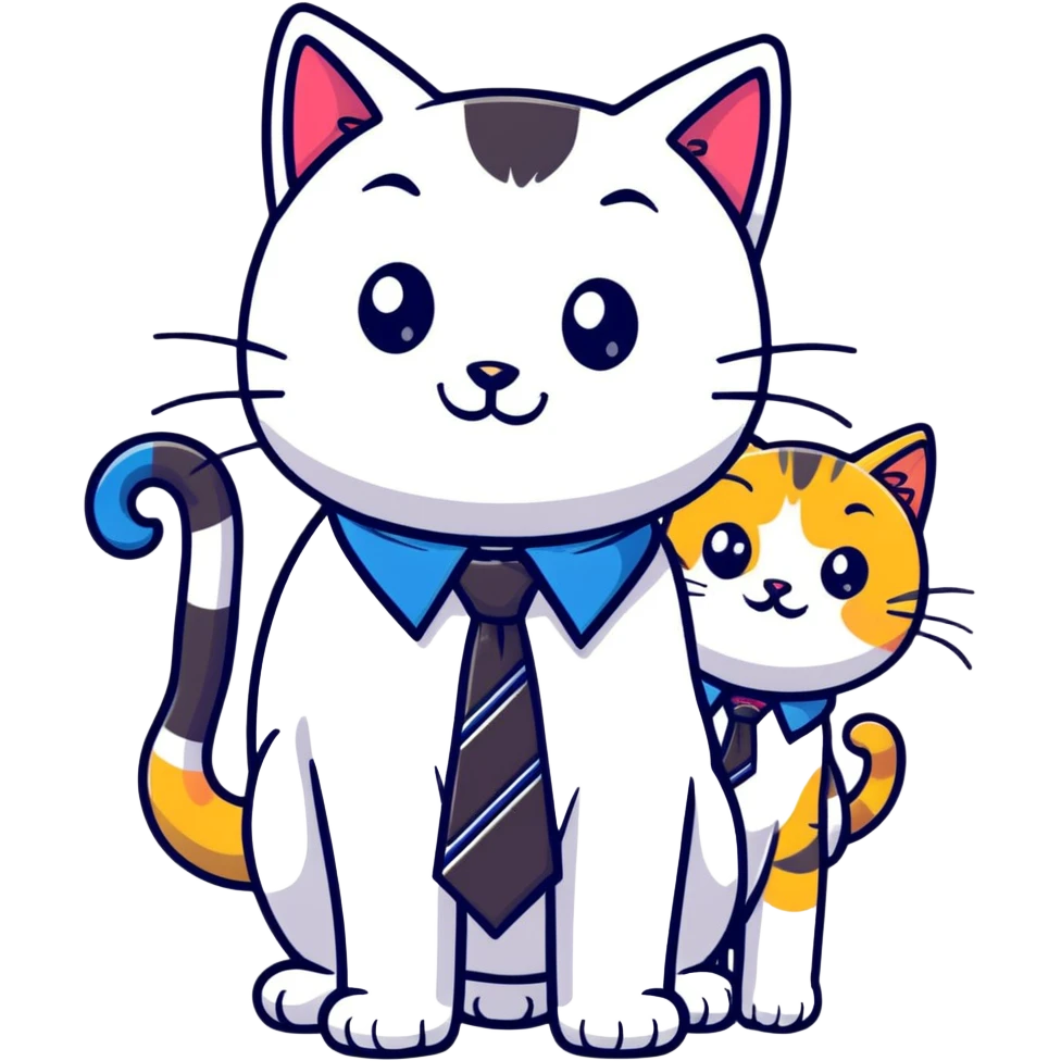 happy girl cat with eyelashes wearing a cute necktie, and happy boy cat wearing a professional necktie, standing together emoji