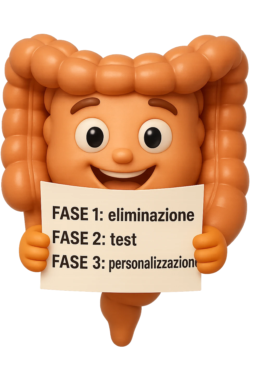 emoji stile iphone 3d di un intestino che tiene in mano un foglio con la scritta "FASE 1: eliminazione, FASE 2: test, FASE 3: personalizzazione, IPERREALISTICO 4K emoji