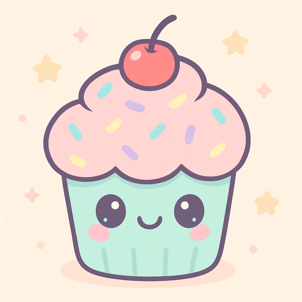 pastel cupcake with rainbow sprinkles and a cherry on top, kawaii cartoon style emoji