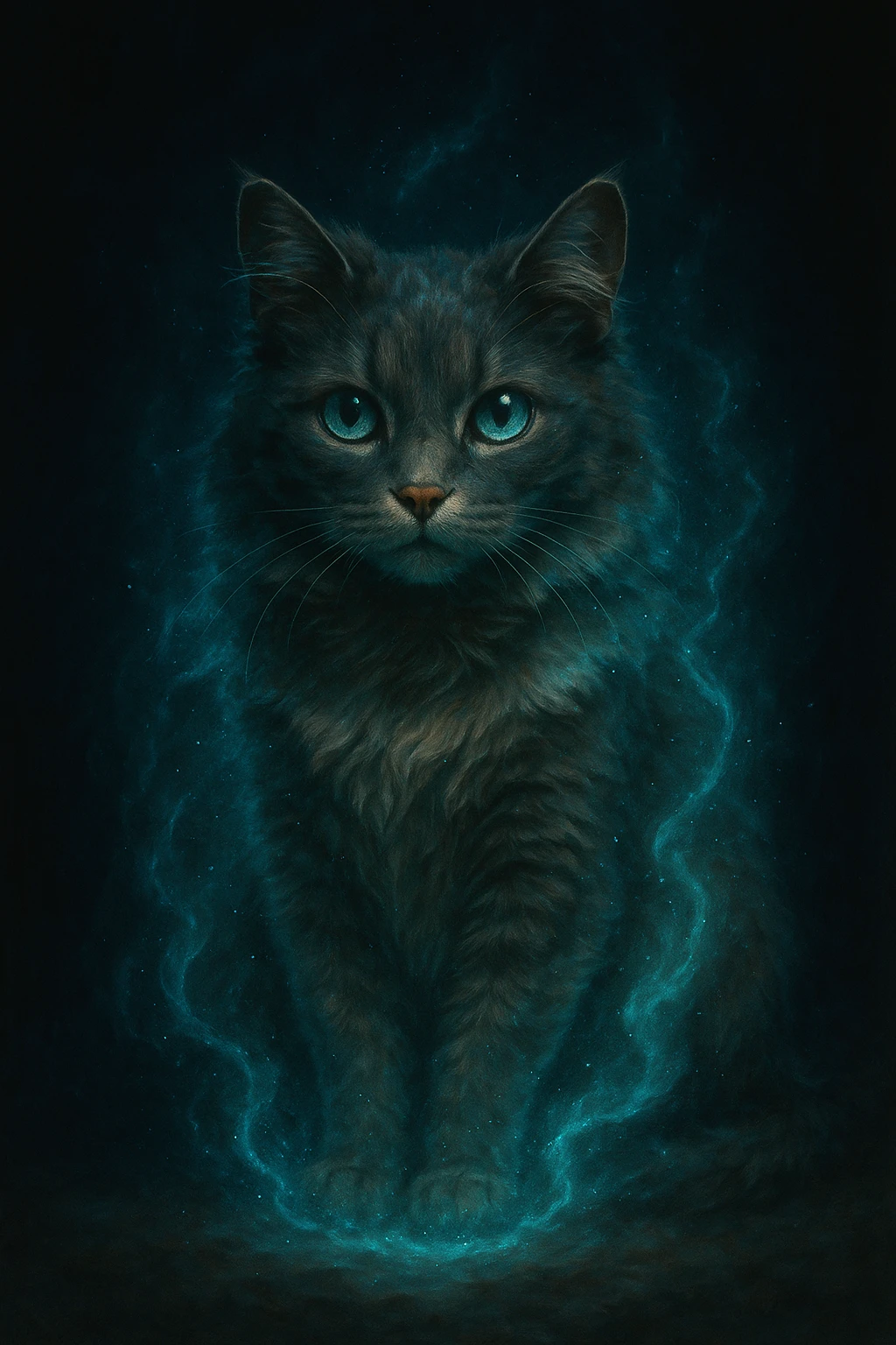magical cat, realistic digital art style, magical aura, dark background emoji