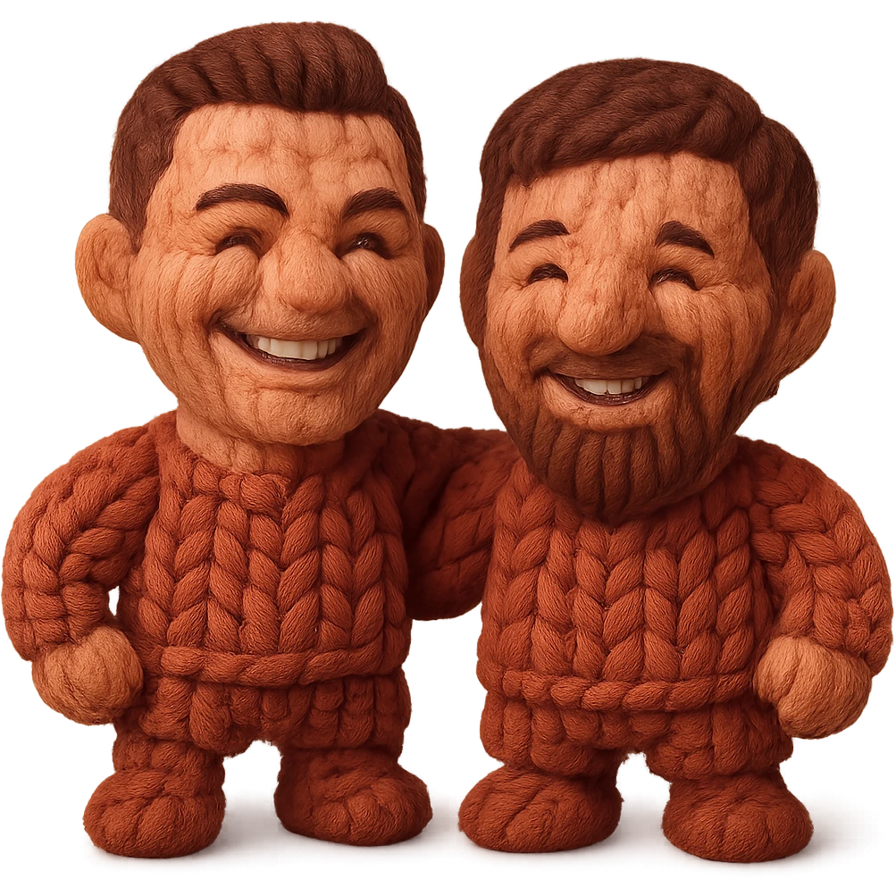 happy Cristiano Ronaldo and Lionel Messi as knitted dolls made with red knitted thread, realistic painted cartoon style emoji