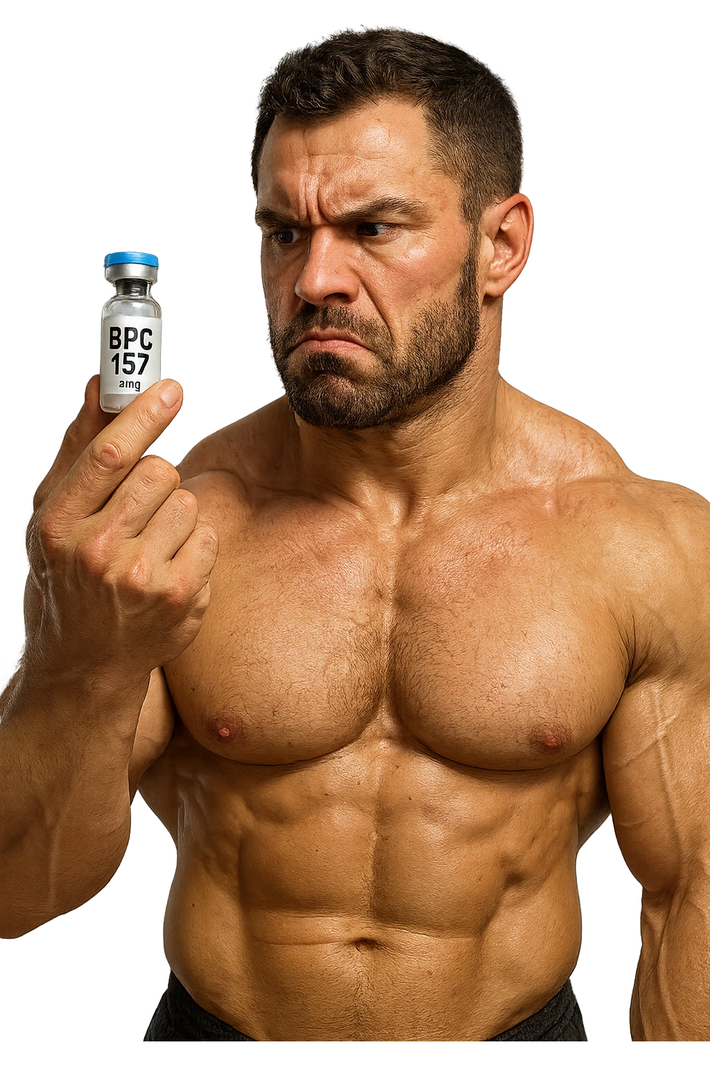 BODYBUILDER CHE TIENE IN MANO UNA FIALA MEDICA CON la scritta "BPC 157" SULL'ETICHETTA E LA GUARDA DUBBIOSO, iperrealistico 4k emoji