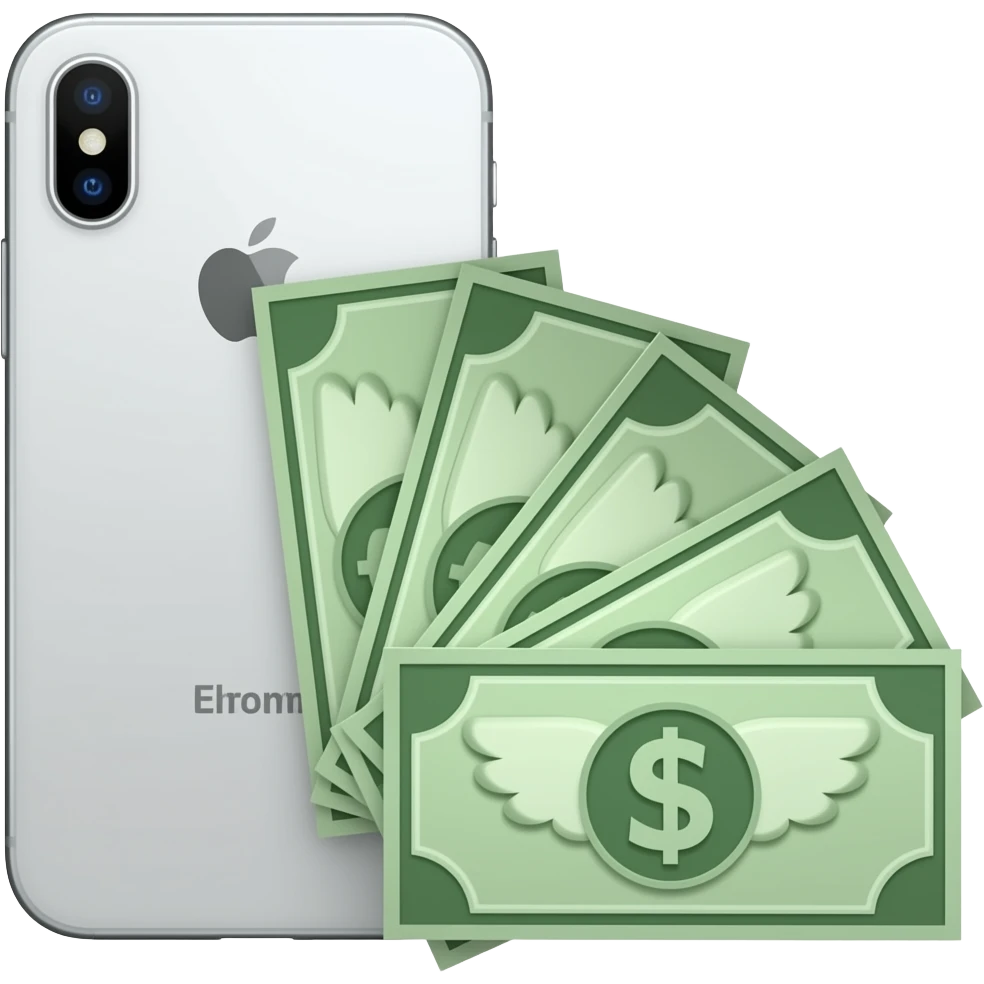 A white iPhone, with four or five banknotes featuring wings lying next to it emoji