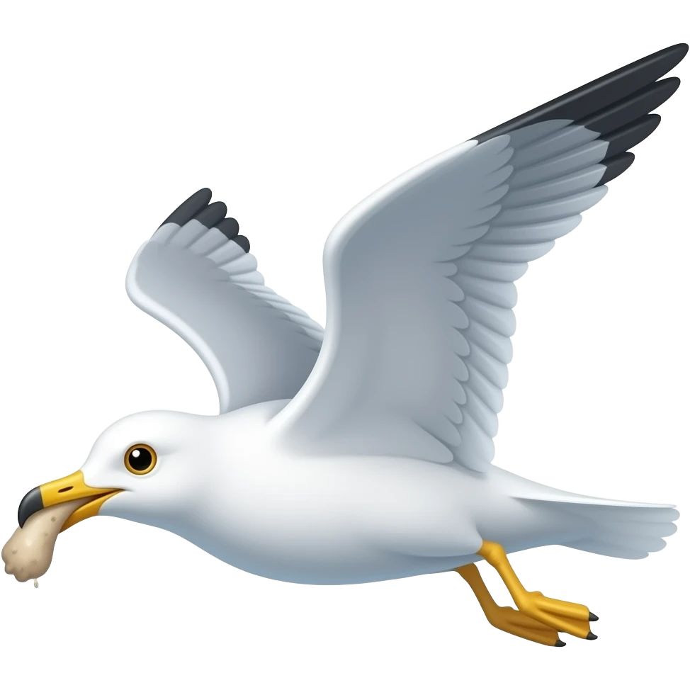 Create a picture of a seagull flying doing a shit emoji
