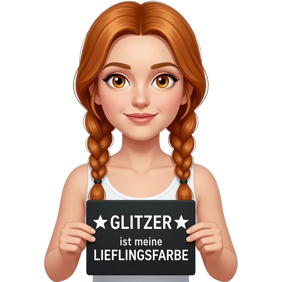 sexy girl with long ginger braids and ginger eyes wearing a white tanktop is holding a black sign with ☆GLITZER☆ ist meine LIEBLINGSFARBE written on it emoji