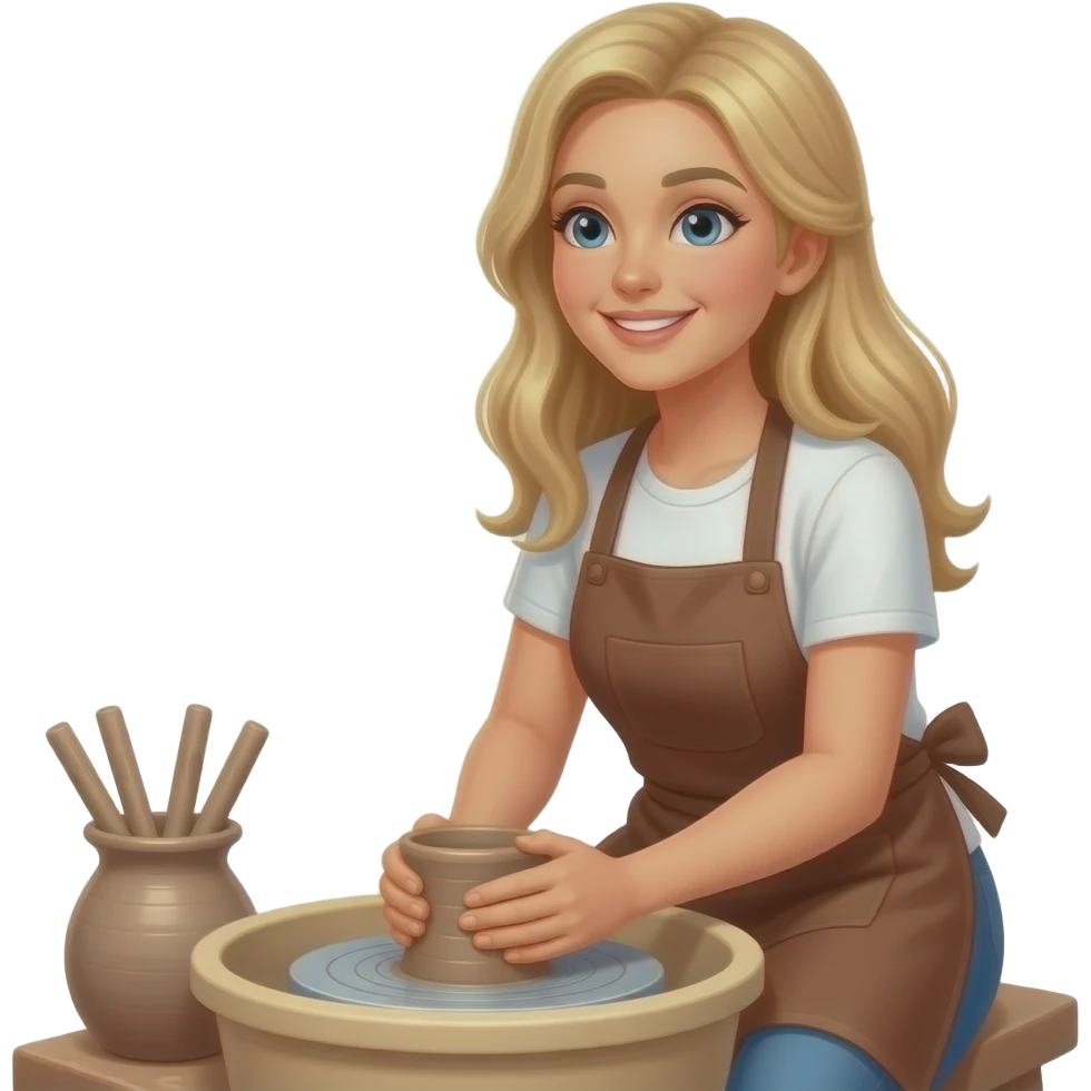 Blond long hair female, in white t-shirts and brown apron doing pottery, looks dawn and smiles emoji