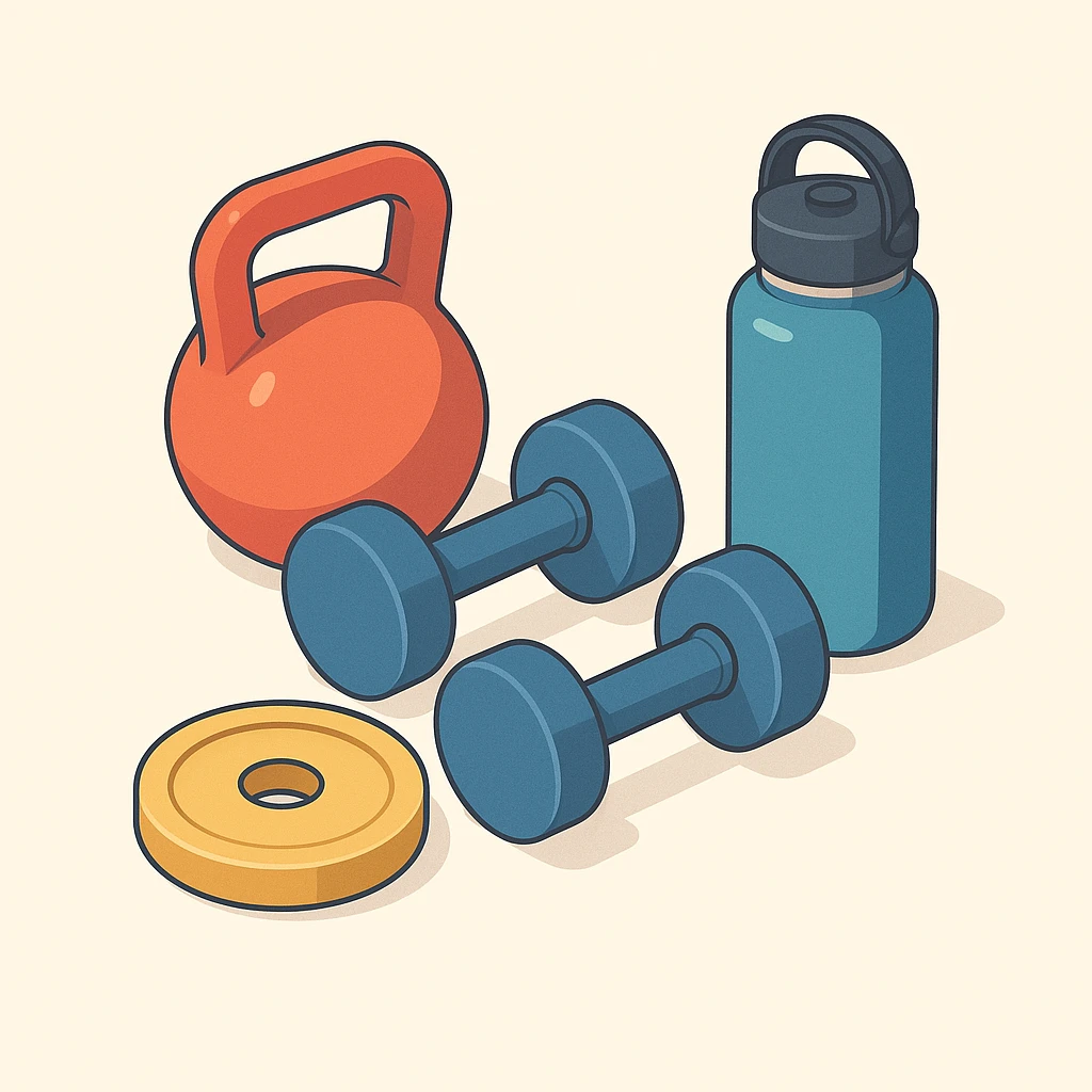 isometric 3d illustration of fitness equipment: weights and a hydroflask, soft shadows, no text emoji