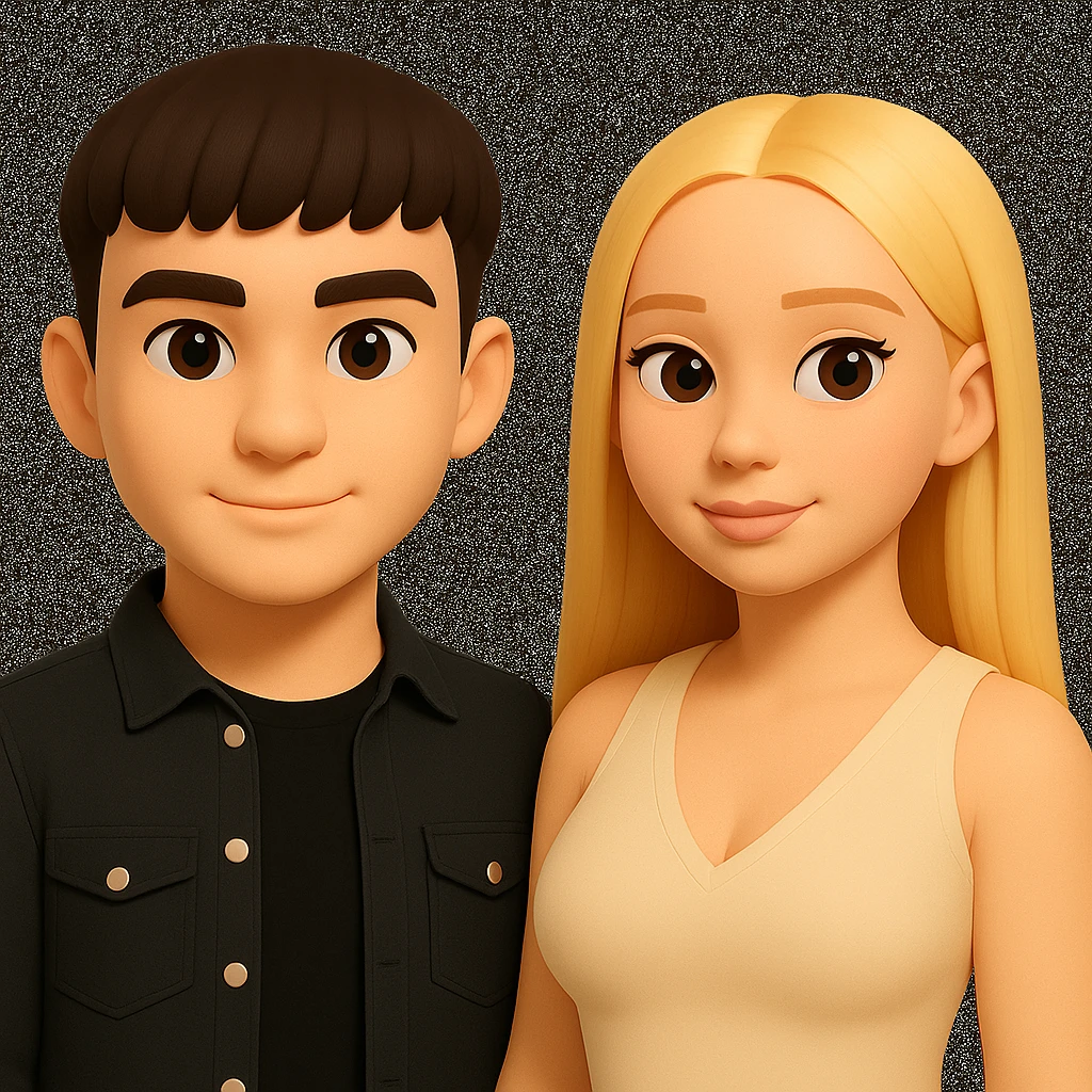 Slightly increase the volume of the upper body of the girl, spread them far apart from each other, make the skin color the same for both characters, while preserving the cartoonish 3D style as seen in the reference image. emoji