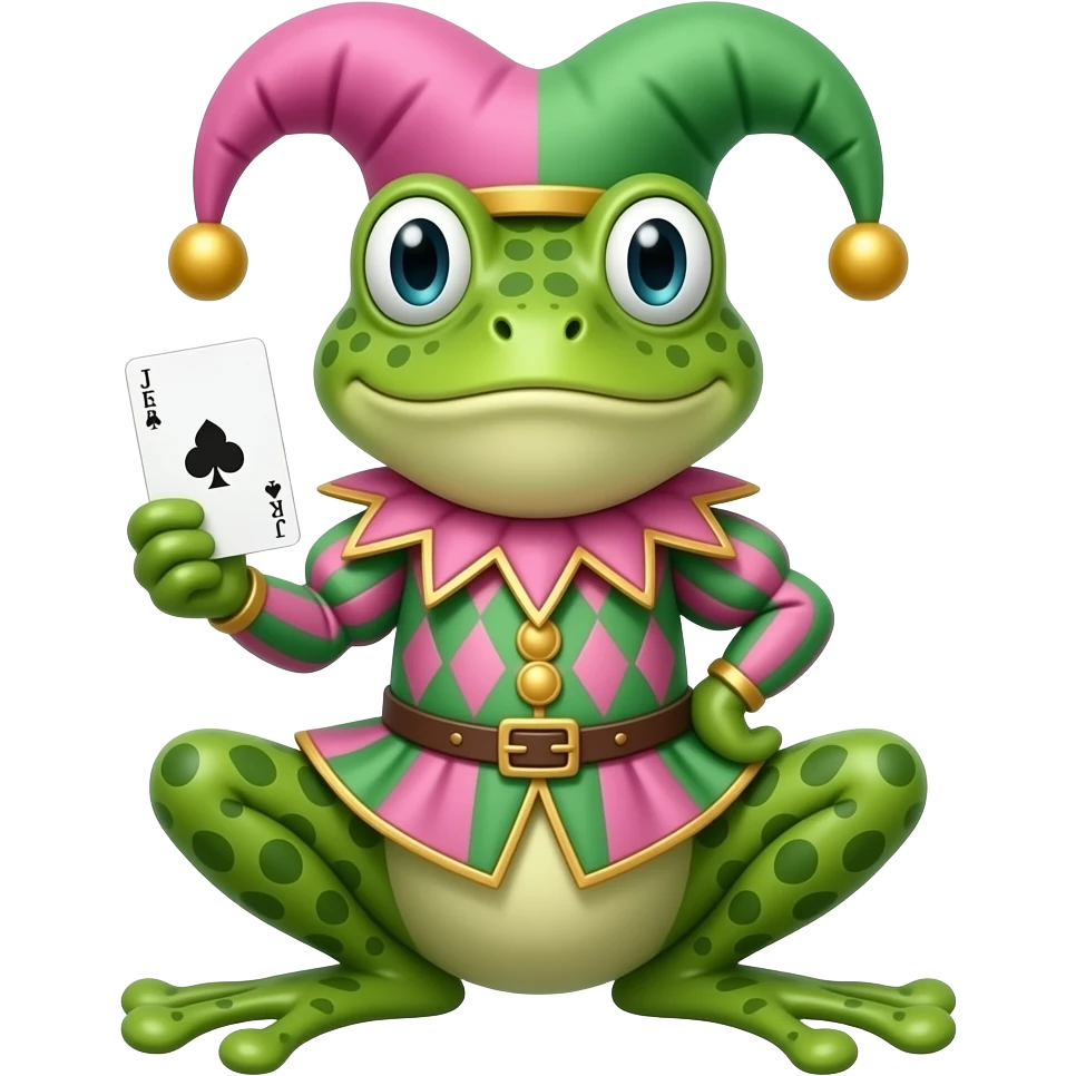 court jester frog medieval, single poker card joker clearly visible, pink emoji