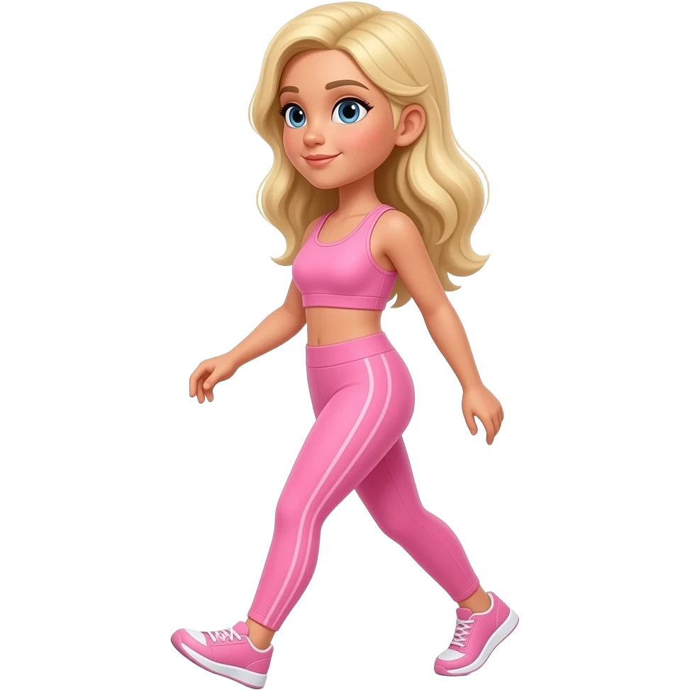 Long Blonde haired girl with slight tan walking left to right in pink activewear aesthetic soft lighting, simple emoji