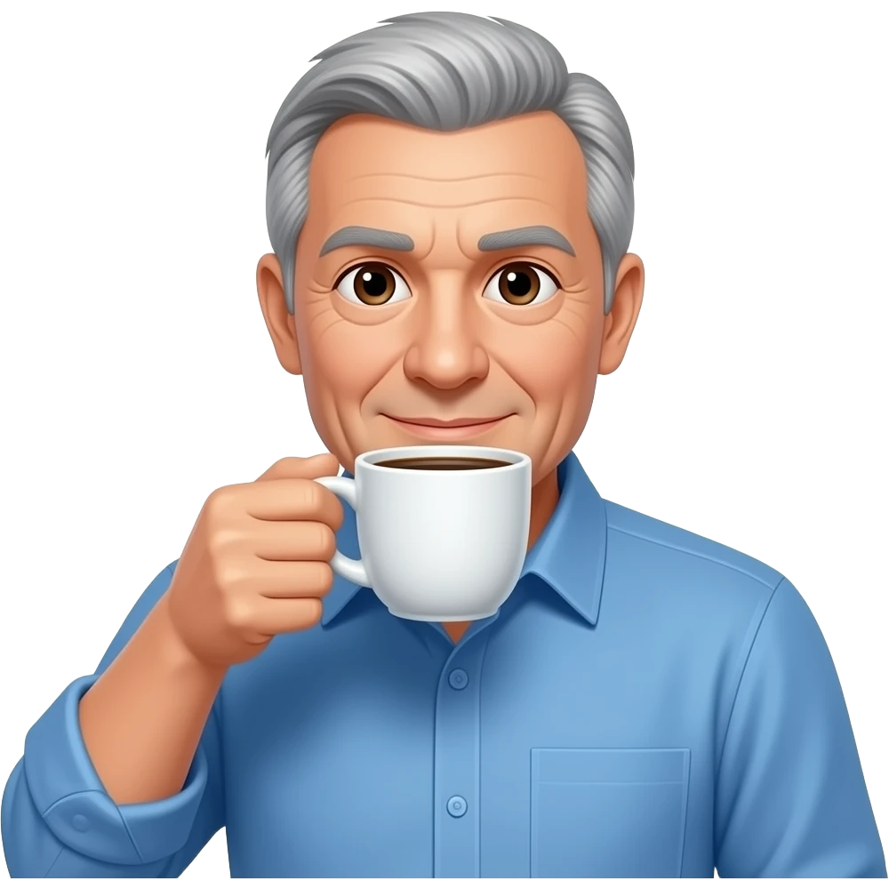 white man in his 60's wearing a blue button down shirt and smaller eyes drinking a cup of coffee emoji