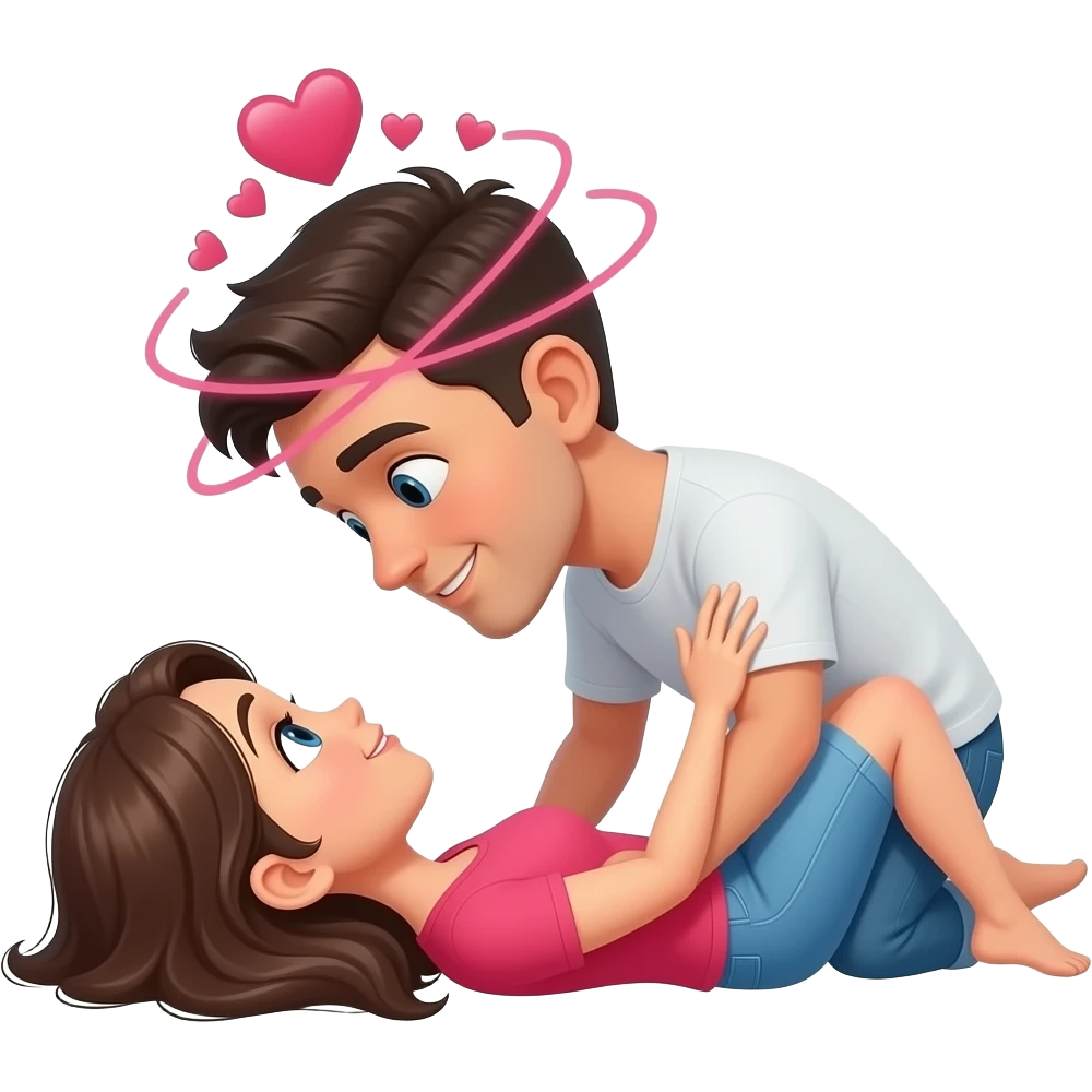 generate a person in love falling for a women physically with hearts aroung his head emoji