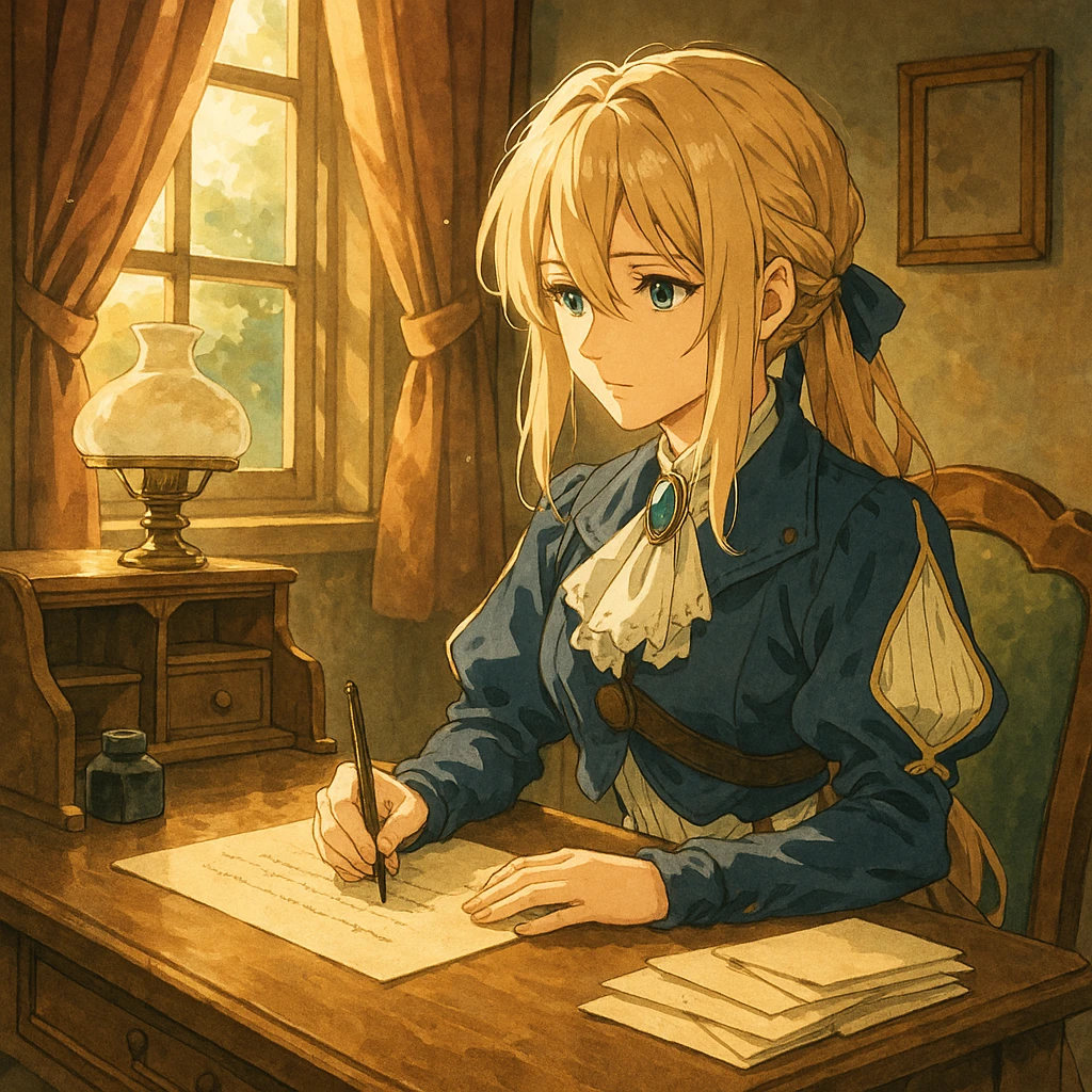 Violet Evergarden, writing a letter at a vintage desk, sunlight streaming in, detailed anime style emoji