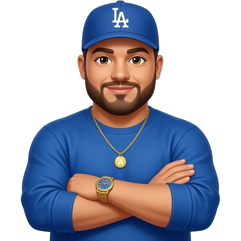 Chubby man with light honey skin tone and lightly shaved black beard wearing a blue Los Angeles Dodgers logo baseball cap wearing a long sleeve blue shirt wearing a gold tennis necklace and a gold wrist watch with arms folded emoji