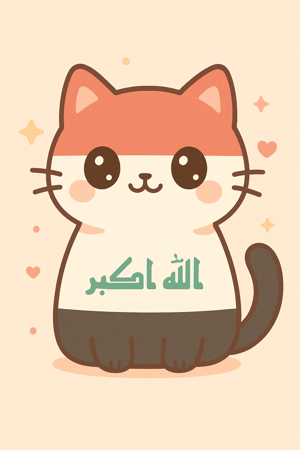 cute and expressive cat with clear Iraq flag details, vibrant colors, friendly and adorable emoji