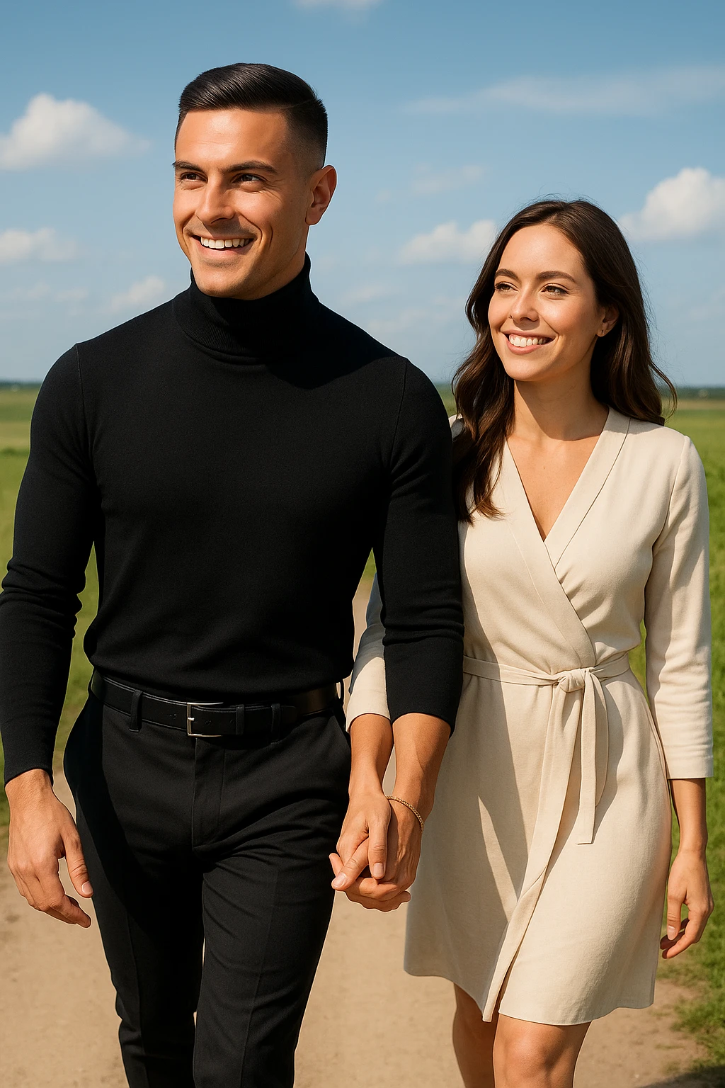 a couple walks together along a path, the man gently leading the way while the woman follows with trust and a smile. Both appear confident and content, symbolizing partnership and mutual respect. The background is a bright, open landscape, evoking a sense of shared journey and harmony. emoji