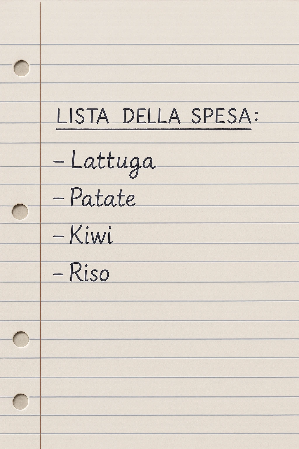 FOGLIO DI CARTA A RIGHE CON LISTA DELLA SPESA SCRITTA A PENNA:
"LISTA DELLA SPESA:
- Lattuga
- Patate
- Kiwi
- Riso", iperealistico 4k emoji