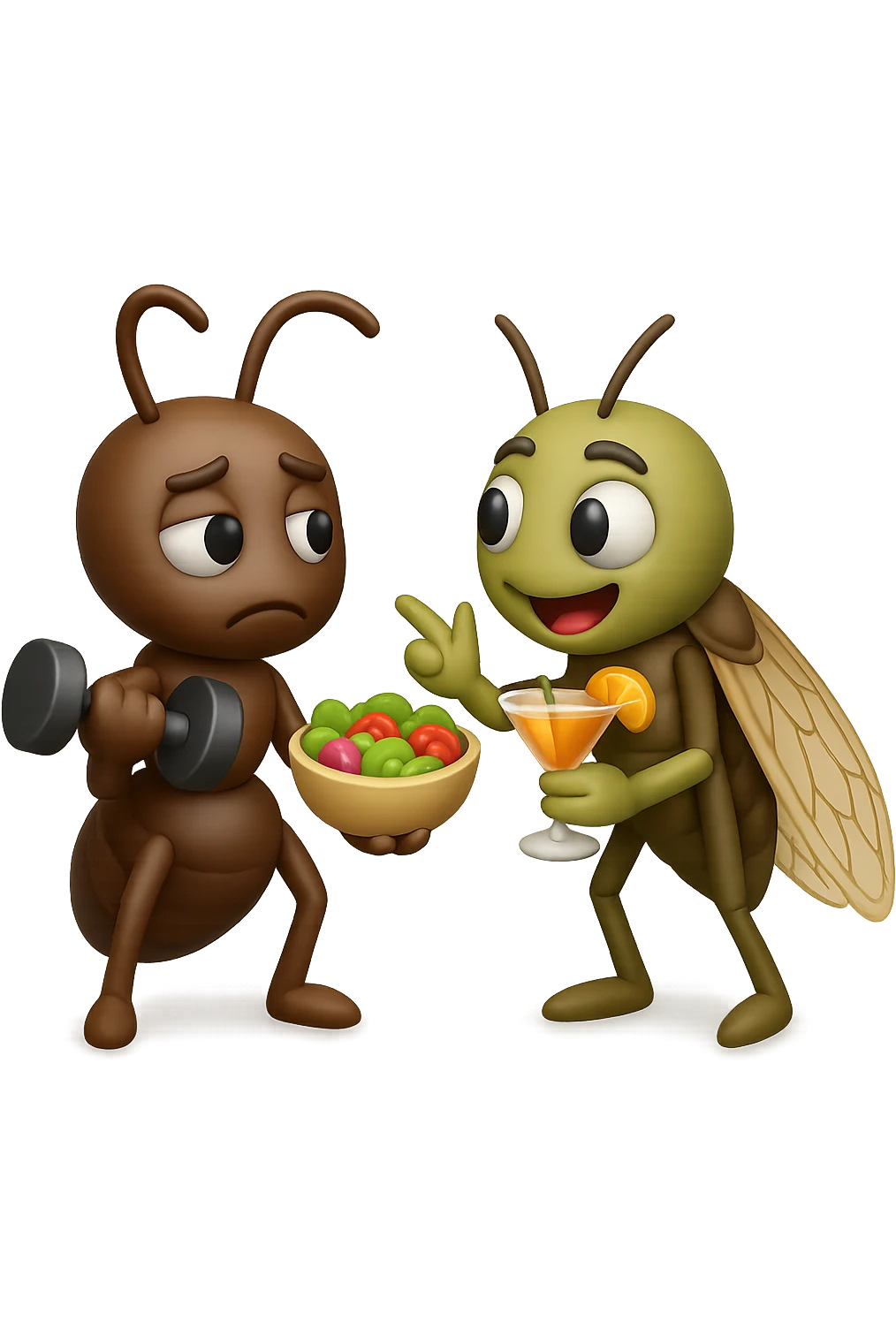 EMOJI STILE IPHONE 3D DI una cicala e una formica che parlano tra loro, la formica ha nella mano destra un manubrio da palestra e nella nella mano sinistra una bowl di insalata, la cicala invece ha un cocktail in mano, la cicala prende in giro la formica, non fare i fumetti però emoji