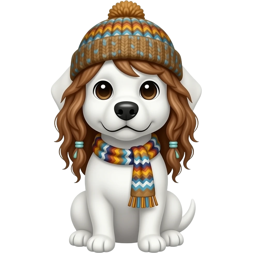 hippy white dog with hippy clothes , beanie, scarf, hippy hairstyle front facing emoji