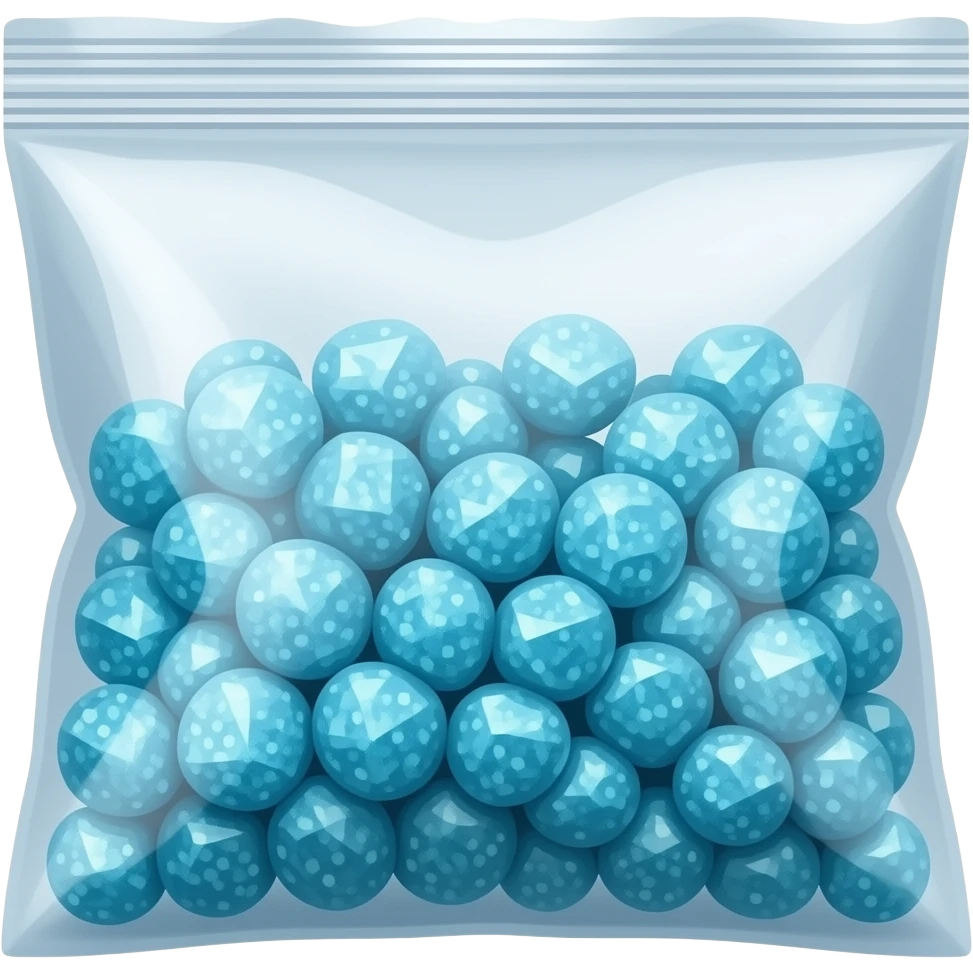 a plastic ziplock bag with blue sparkly rock candy crystals emoji
