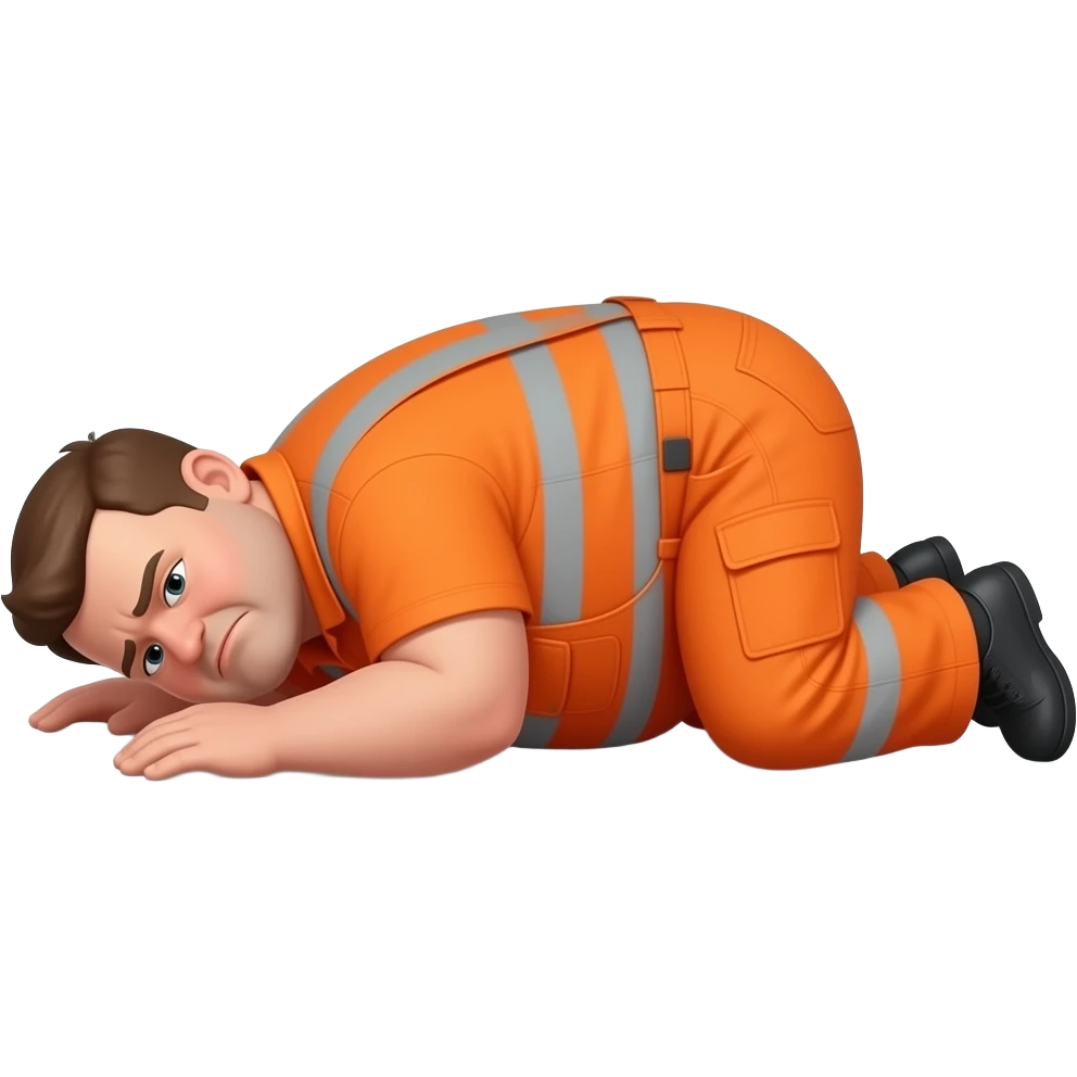 fat MAN, no hat, IN ORANGE HIVIS OVERALLS, not happy, laying face down on floor, side view emoji