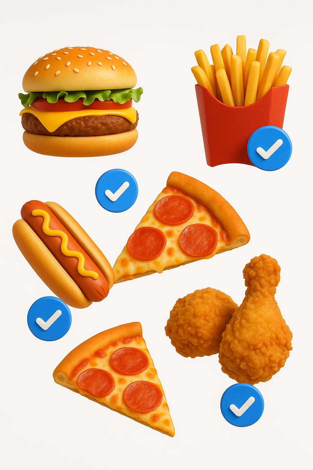fast food fluttua in aria insieme a spunte di verificato in 3d, sfondo bianco emoji