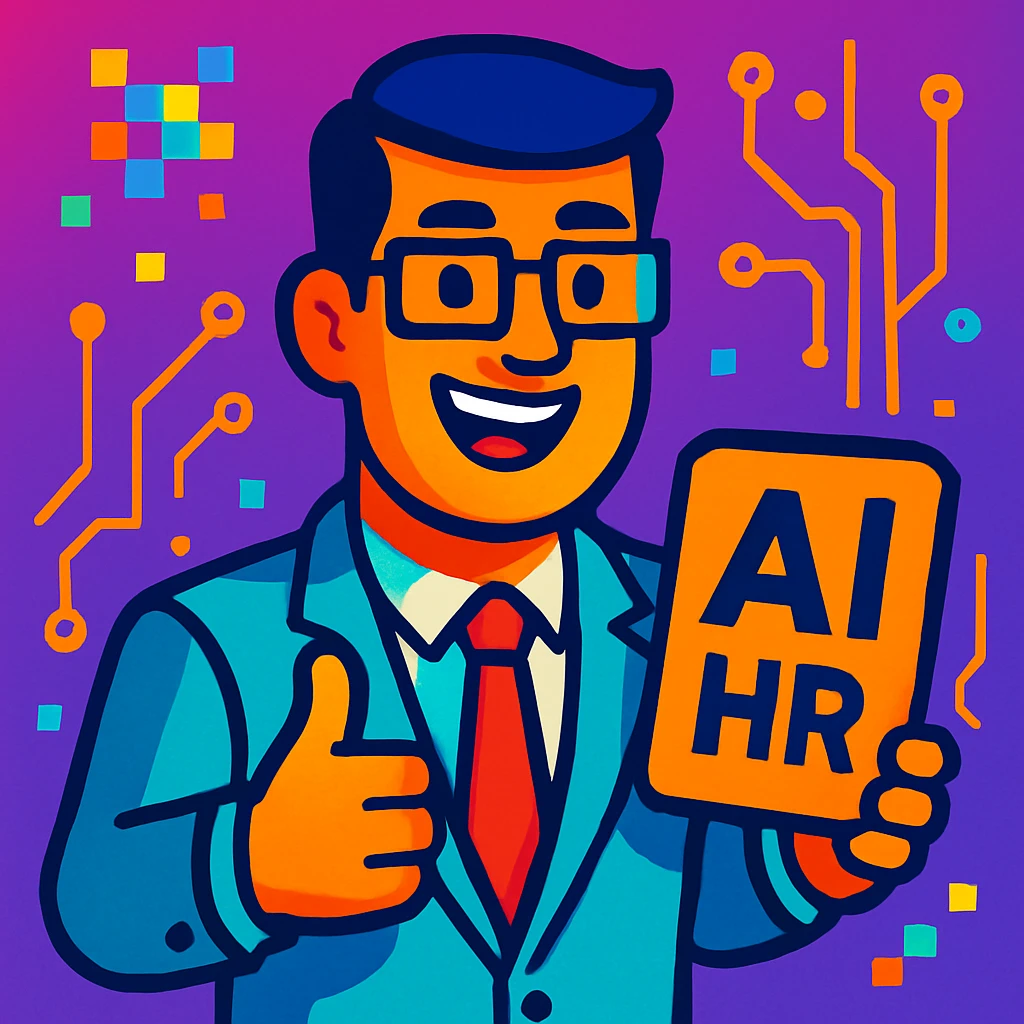 moderner, freundlicher männlicher KI-Charakter mit digitalen Elementen wie Pixel und Schaltkreise, aus dem HR-Bereich, der Mut macht, im farbenfrohen Vibrant Toon Stil emoji
