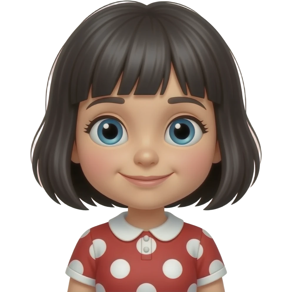 Mafalda pelo corto alborotado con un vestido de puntos emoji