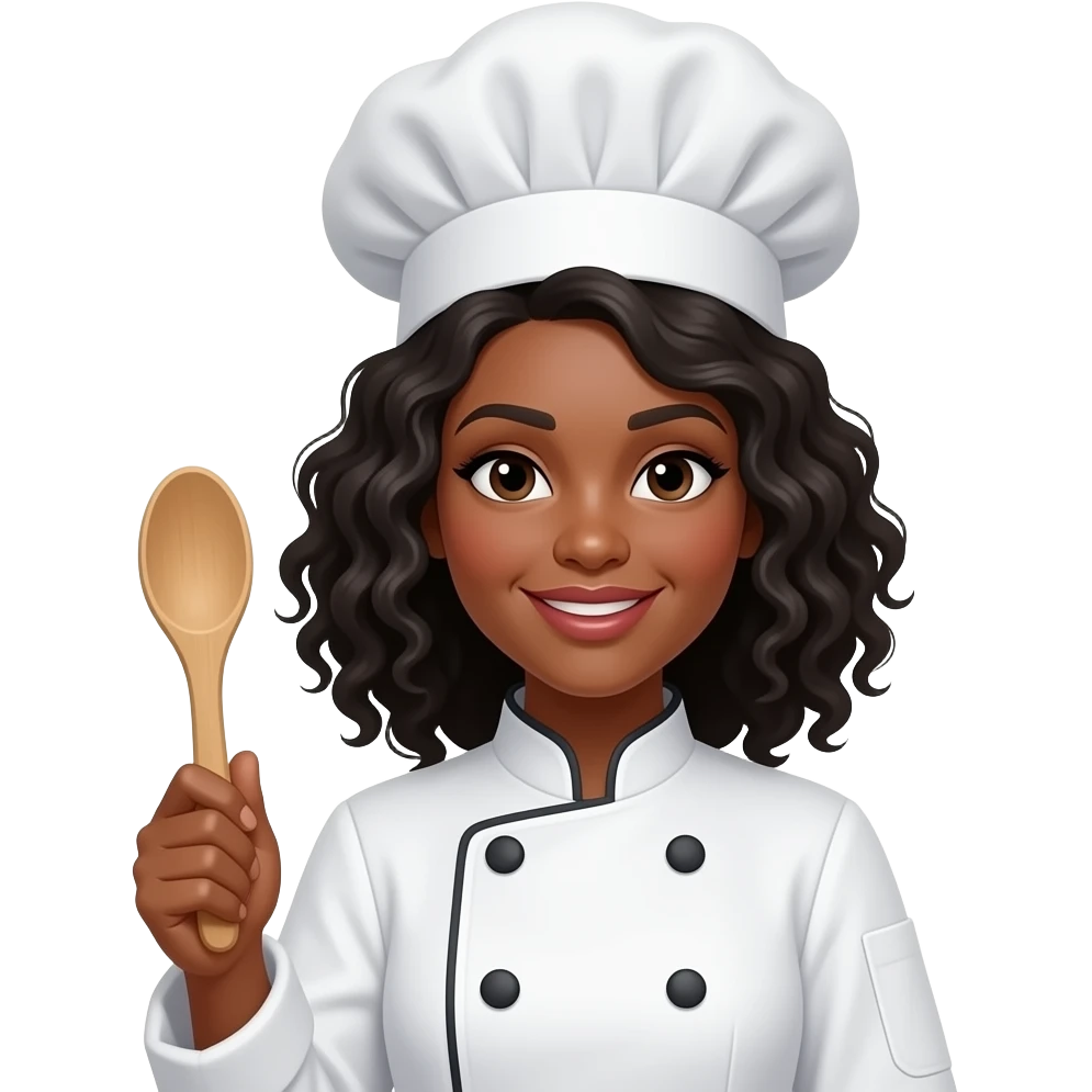 A medium-dark skinned woman with shoulder-length curly black hair dressed as a kitchen chef, holding a wooden spon emoji